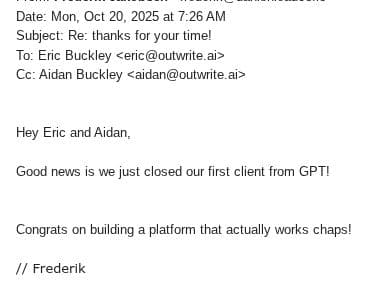 Email from Danish Lead Co.'s first client confirming they closed the deal through ChatGPT
