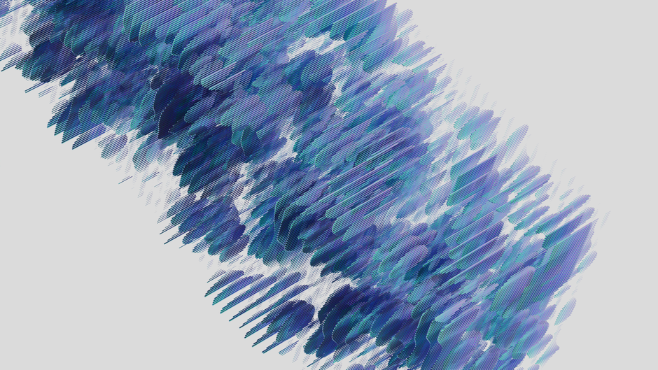 Dynamic abstract art with blue and purple brush strokes on a light background.
