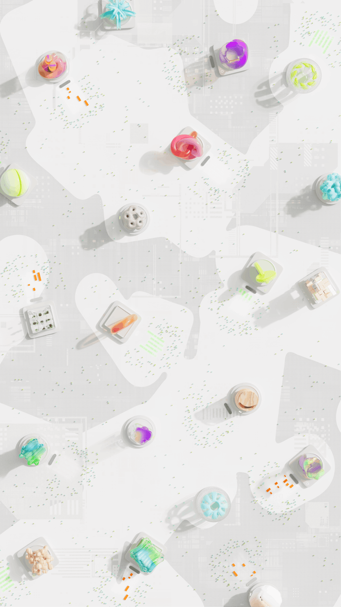 Creative flat lay of vibrant 3D objects on a white backdrop.